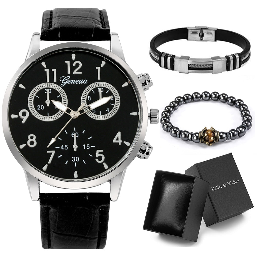 Reloj y Pulseras para hombre Men's Watch bracelets Set Fashion Gift Set Men's Quartz Leather Watch 2 Elastic Bracelets Exquisite Valentine's Day Gifts Box Kit for Boyfriend