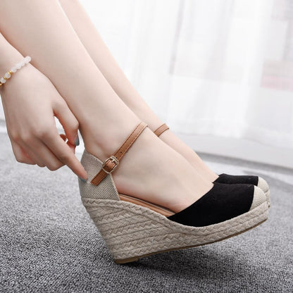 Crystal Queen Women Suede Wedges High Ankle Toe Casual Slope Round Head Sandals Dress Shoes
