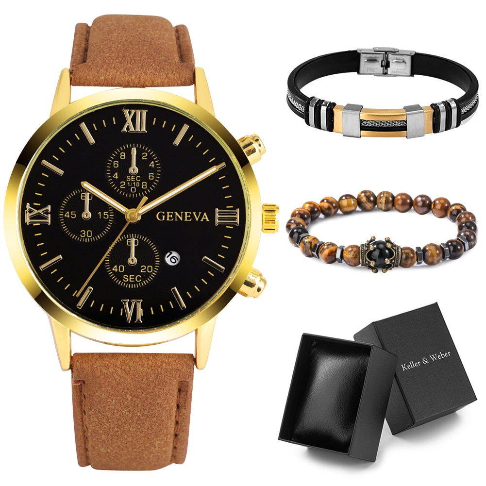 Watch Gift Set for Men Fashion Quartz Roman Numeral Watch Clock 2 Pieces Man's Elastic Bracelets Christmas Gifts for Boyfriend