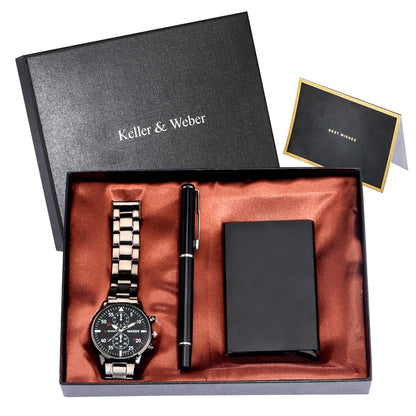 Reloj y Cartera para Hombre Men's Watch Wallet Set Quartz Watches Pen Fashion Man Card Holder Gifts for Husband Dad Boyfriend