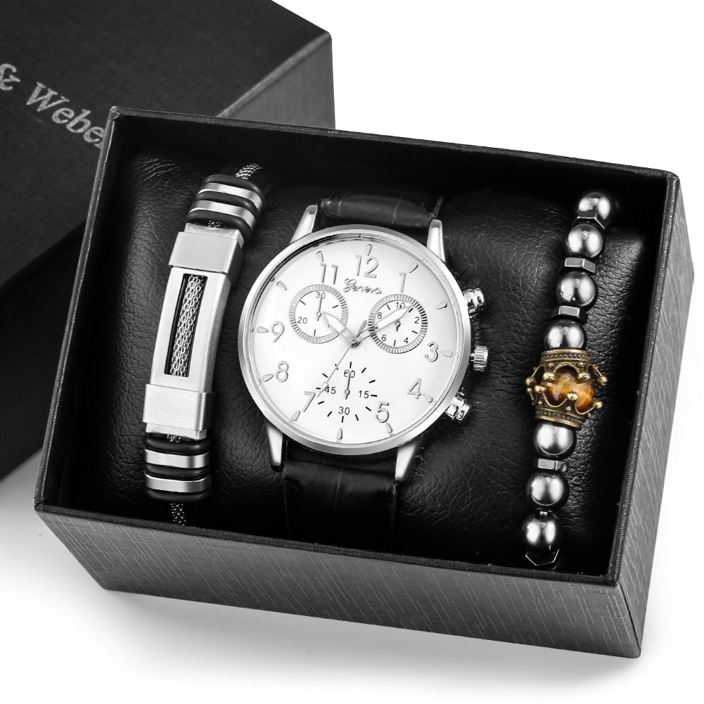 Reloj y Pulseras para hombre Men's Watch bracelets Set Fashion Gift Set Men's Quartz Leather Watch 2 Elastic Bracelets Exquisite Valentine's Day Gifts Box Kit for Boyfriend black white silver