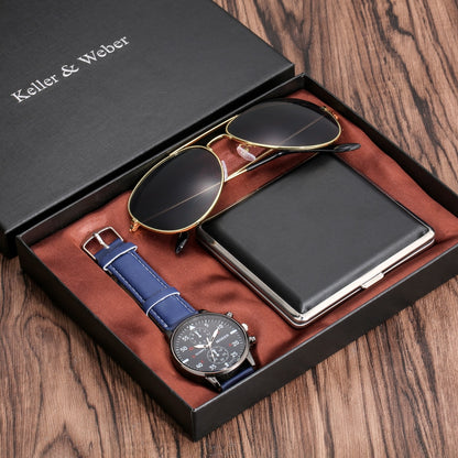 Watch Gift Set Practical Leather Quartz Wristwatch and Sunglasses Gift Box for Men montre homme