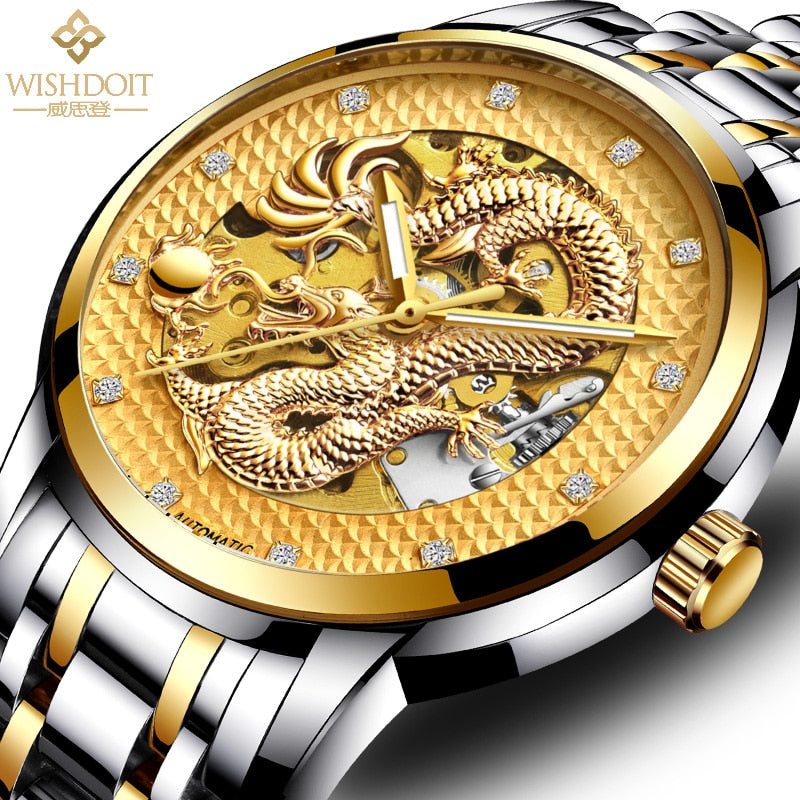 Reloj para hombre Men's Watch Chinese Style Large Dial Steel Belt Flying Dragon Watch Men's Automatic Mechanical Clock gold and pewter