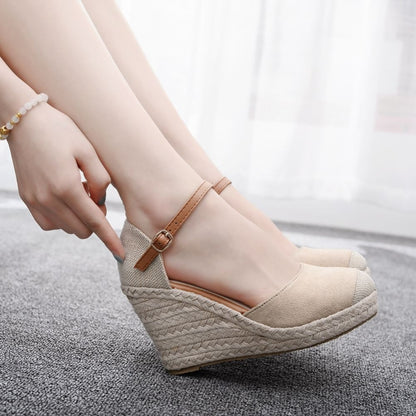 Crystal Queen Women Suede Wedges High Ankle Toe Casual Slope Round Head Sandals Dress Shoes