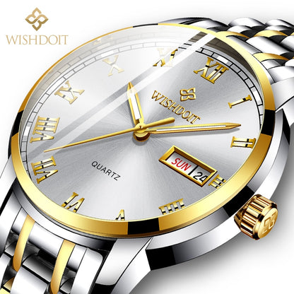 Reloj para hombre Men's Watch Men Watch Waterproof Luminous Stainless Steel Calendar Men watch Wristwatch silver golden
