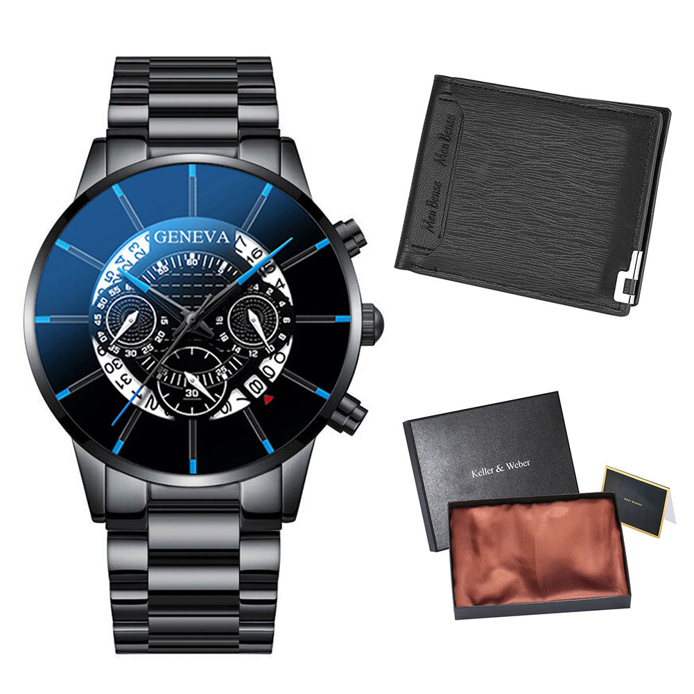 Reloj y Cartera para Hombre Men's Watch Wallet Set Men Wallet Watch Kit Stainless Steel Quartz Clock Simple Dial Man Leather Wallet Birthday Gifts Set for Husband black and black