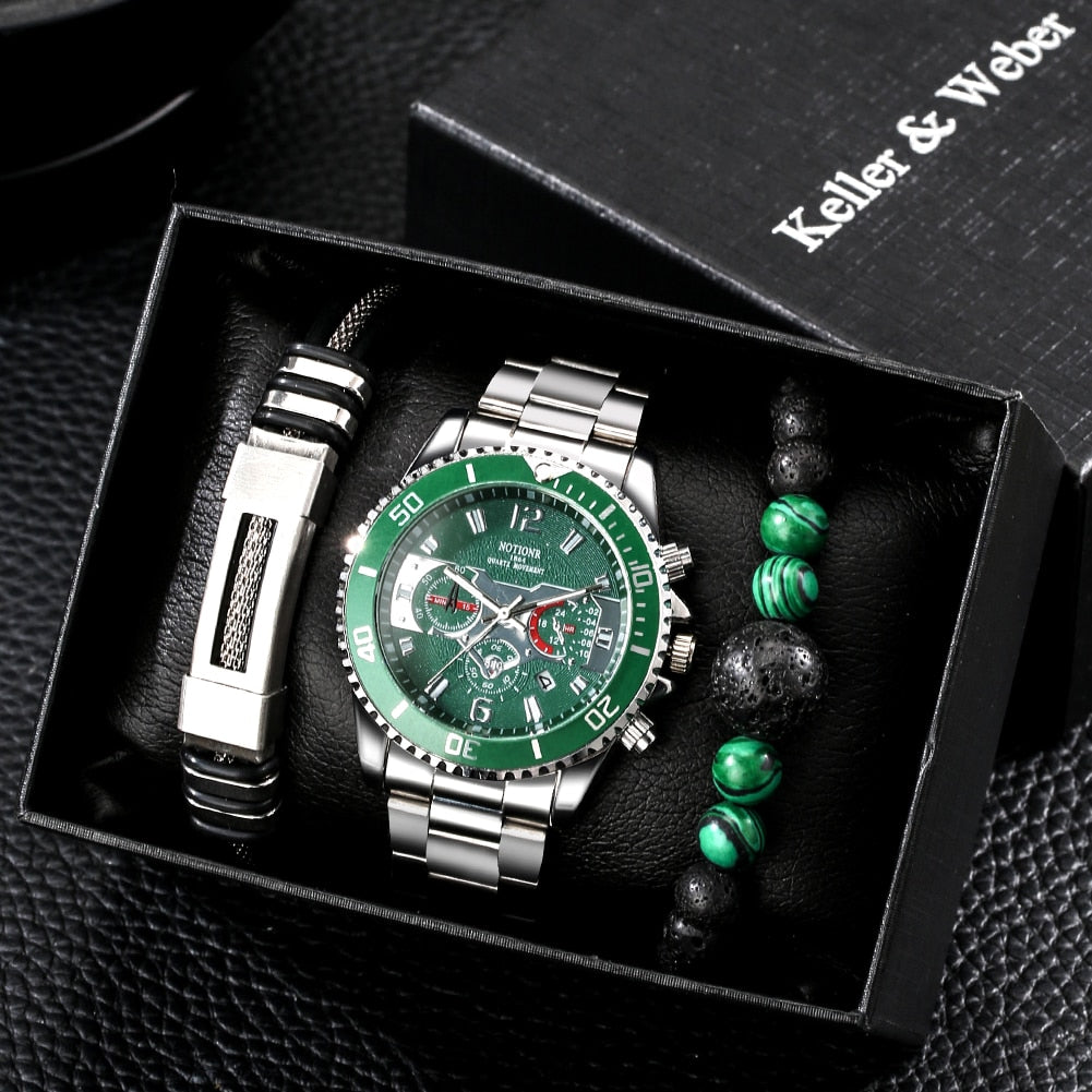 Watch Set for Men Stainless Steel Quartz Watches with Calendar Man Elastic Bracelets Present Christmas Gift Kit in Box
