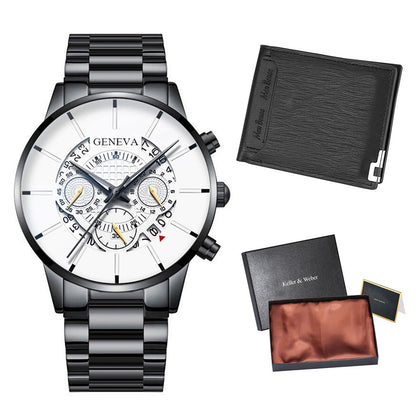 Reloj y Cartera para Hombre Men's Watch Wallet Set Men Wallet Watch Kit Stainless Steel Quartz Clock Simple Dial Man Leather Wallet Birthday Gifts Set for Husband black with white