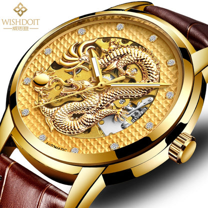 Reloj para hombre Men's Watch Chinese Style Large Dial Steel Belt Flying Dragon Watch Men's Automatic Mechanical Clock gold with brown