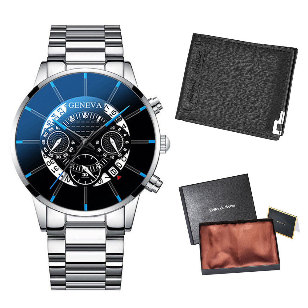 Reloj y Cartera para Hombre Men's Watch Wallet Set Men Wallet Watch Kit Stainless Steel Quartz Clock Simple Dial Man Leather Wallet Birthday Gifts Set for Husband silver with black and royal