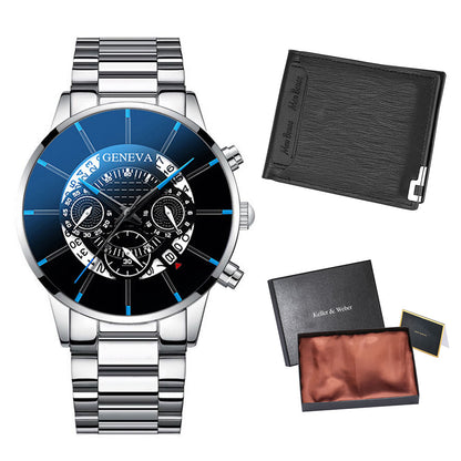Reloj y Cartera para Hombre Men's Watch Wallet Set Men Wallet Watch Kit Stainless Steel Quartz Clock Simple Dial Man Leather Wallet Birthday Gifts Set for Husband silver with black and royal