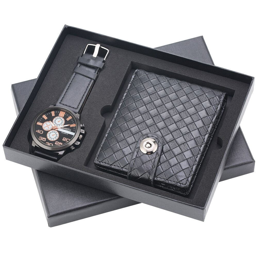 Reloj y Cartera para Hombre Men's Watch Wallet Set Men Watch Set Quartz Roman Numeral Dial Pin Buckle Wallet Purse Practical Man Gift Set with Box black