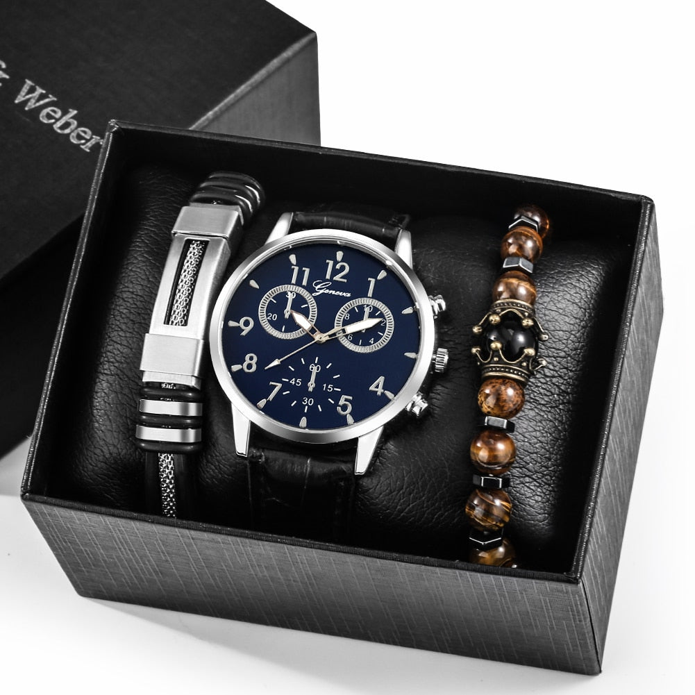 Reloj y Pulseras para hombre Men's Watch bracelets Set Fashion Gift Set Men's Quartz Leather Watch 2 Elastic Bracelets Exquisite Valentine's Day Gifts Box Kit for Boyfriend pewter blue black