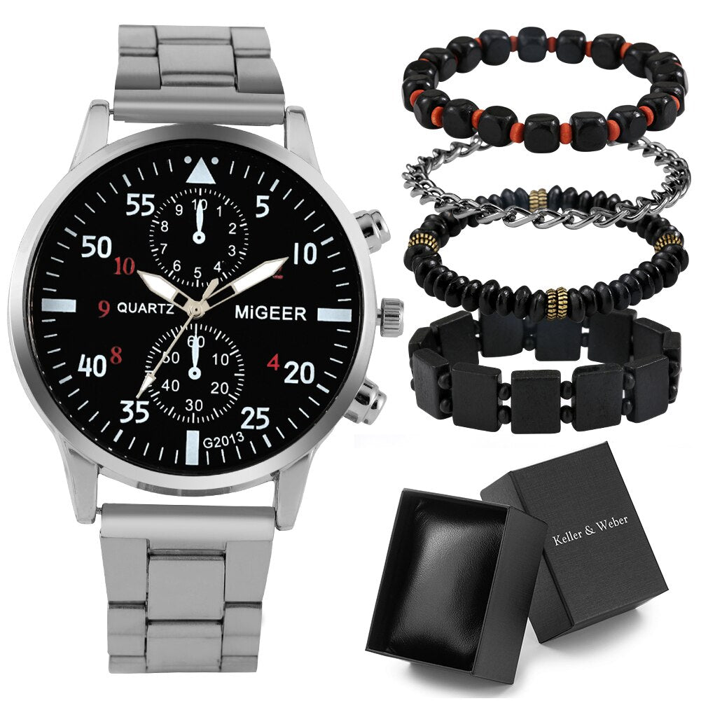 Watch Men's Quartz Watch Folding Buckle Chic Birthday Gift for Father Man 4 Pcs Bracelets