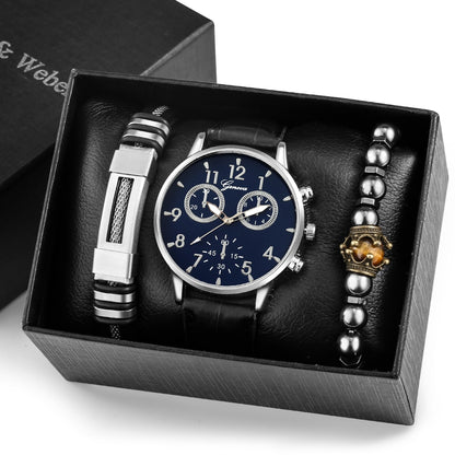 Reloj y Pulseras para hombre Men's Watch bracelets Set Fashion Gift Set Men's Quartz Leather Watch 2 Elastic Bracelets Exquisite Valentine's Day Gifts Box Kit for Boyfriend black blue silver