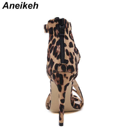 Women Heels Ladies Sandals Fashion Sexy Brown Leopard Fish Mouth Open Toe Buckle With Cross Straps High Heel Sandals Pumps