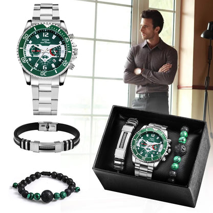 Watch Set for Men Stainless Steel Quartz Watches with Calendar Man Elastic Bracelets Present Christmas Gift Kit in Box