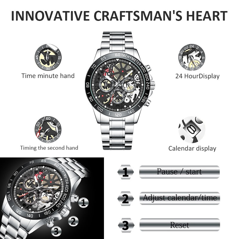 Reloj para hombre Men's Watch Men's Casual Sports Watch, Men's Watch, Waterproof Luminous Stainless Steel Men's Wrist Watch silver black details