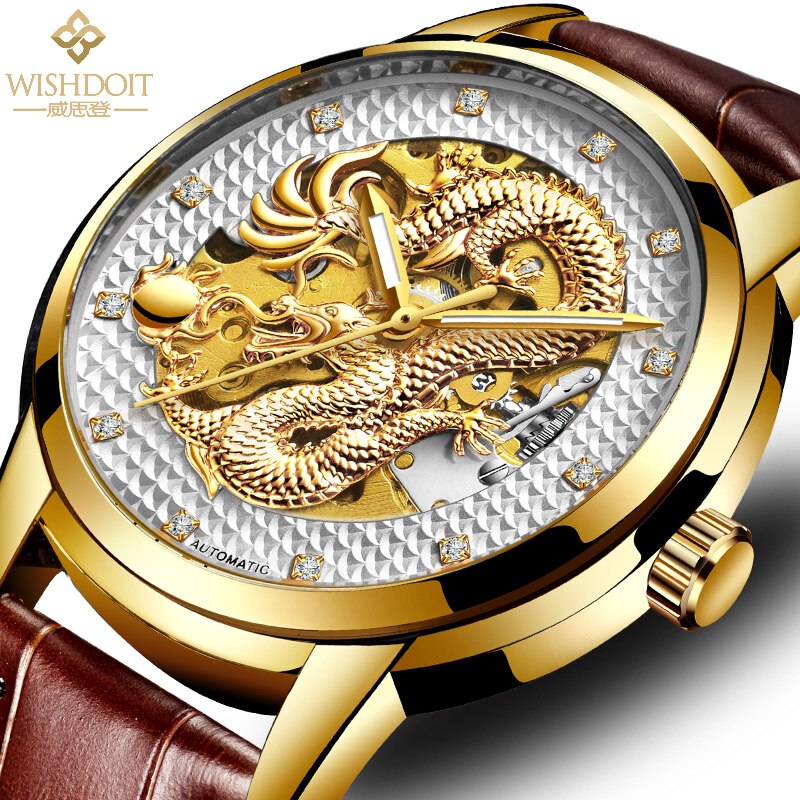 Reloj para hombre Men's Watch Chinese Style Large Dial Steel Belt Flying Dragon Watch Men's Automatic Mechanical Clock gold brown