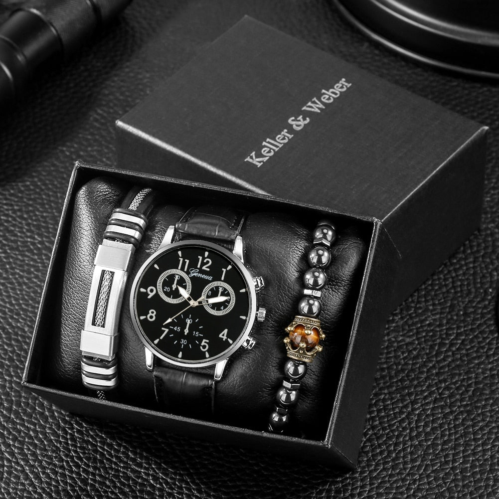 Reloj y Pulseras para hombre Men's Watch bracelets Set Fashion Gift Set Men's Quartz Leather Watch 2 Elastic Bracelets Exquisite Valentine's Day Gifts Box Kit for Boyfriend black pewter