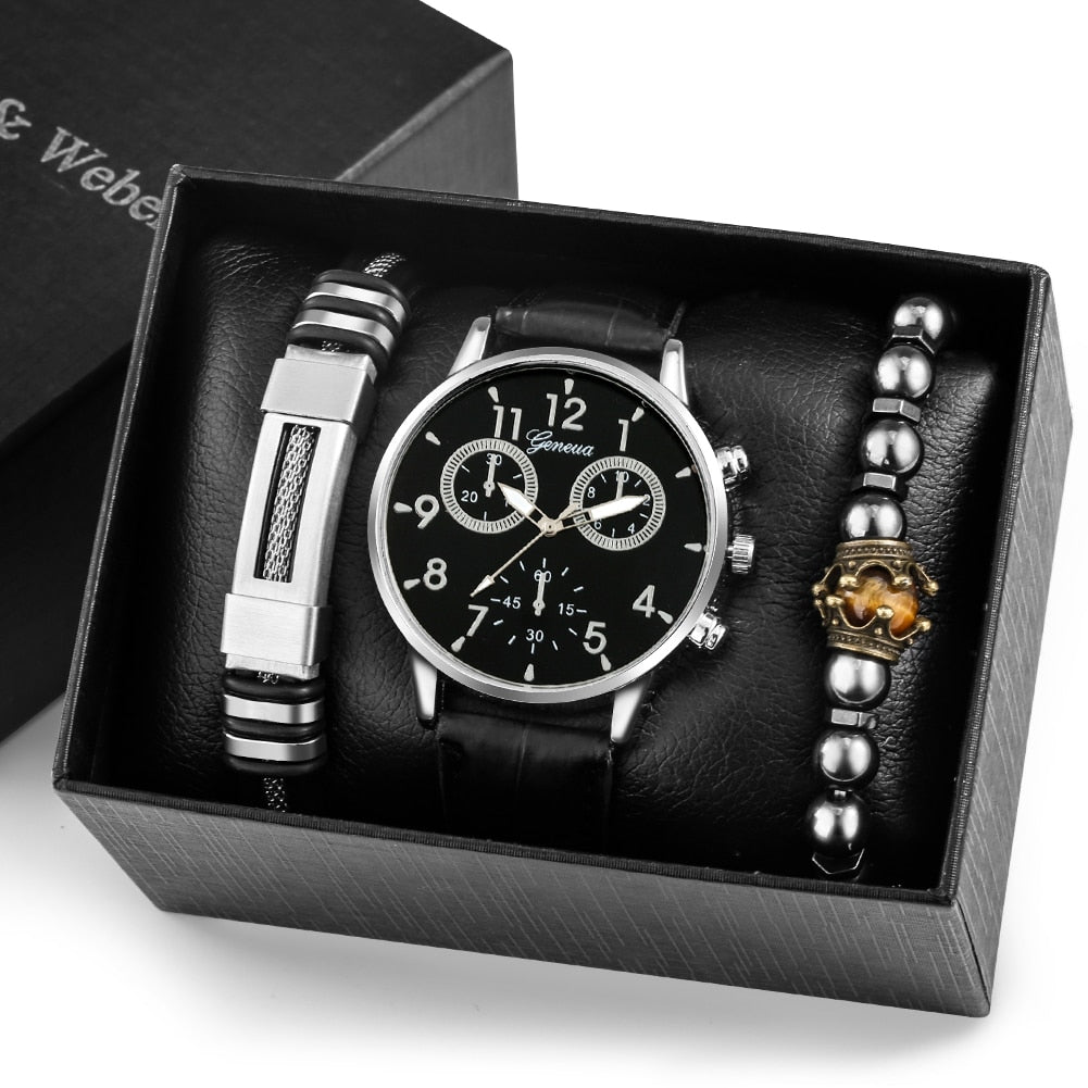 Reloj y Pulseras para hombre Men's Watch bracelets Set Fashion Gift Set Men's Quartz Leather Watch 2 Elastic Bracelets Exquisite Valentine's Day Gifts Box Kit for Boyfriend pewter black
