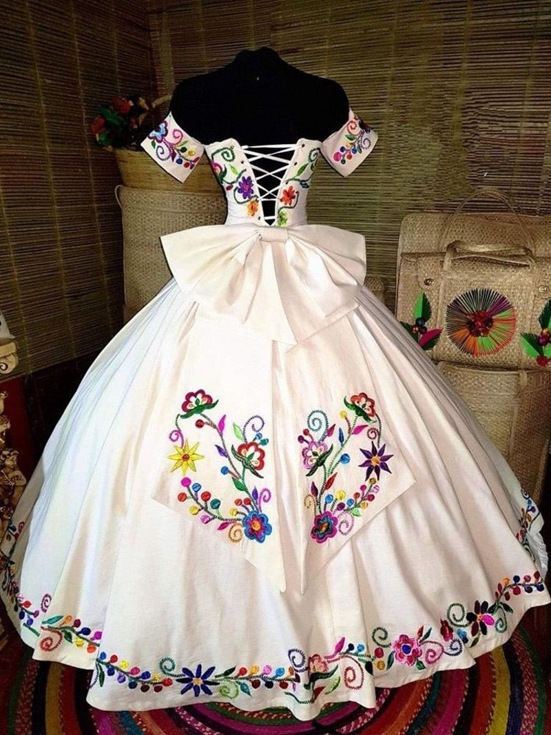 Mexican Charro Quinceanera Dress Theme Colorful Embroidered Off The Shoulder Satin Lace-up Ball Gown Sweet 16
