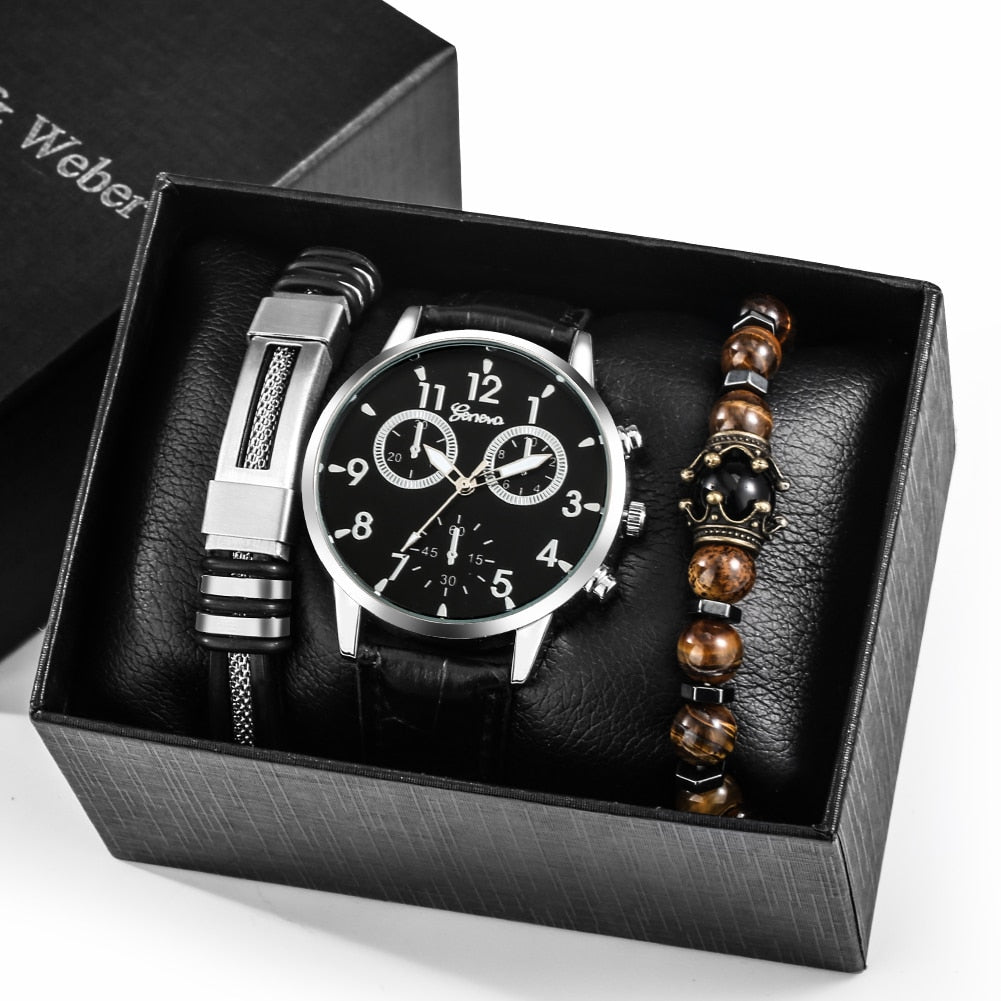 Reloj y Pulseras para hombre Men's Watch bracelets Set Fashion Gift Set Men's Quartz Leather Watch 2 Elastic Bracelets Exquisite Valentine's Day Gifts Box Kit for Boyfriend silver black
