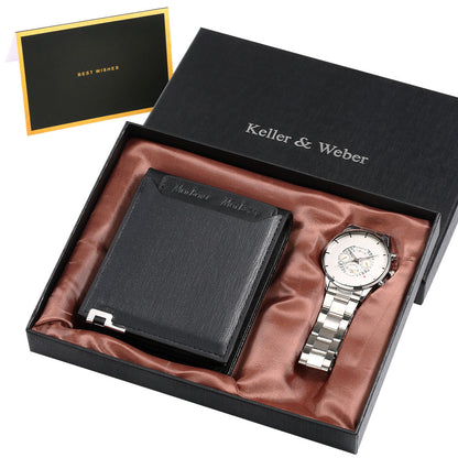 Watch Wallet Kit Men Stainless Steel Quartz Clock Dial Man Leather Card Wallet Birthday Gifts Set for Husband