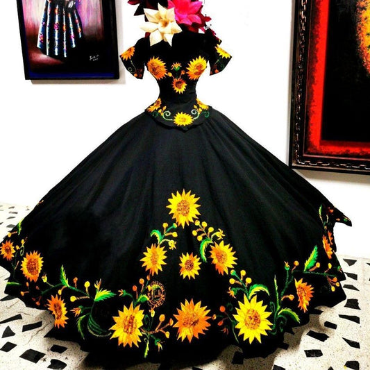 Vestido Quinceanera Dress Sunflowers Embroidery Prom Dresses Charro Off Shoulder Satin Ball Gown Sweet 16 Dress Vestidos