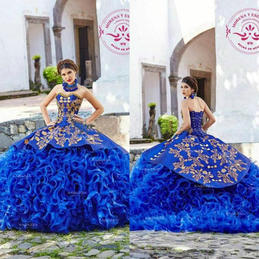 Quinceanera Dress Mexican Royal Blue Gold Appliques Prom Gowns Beads Organza Ruffles Skirt Corset