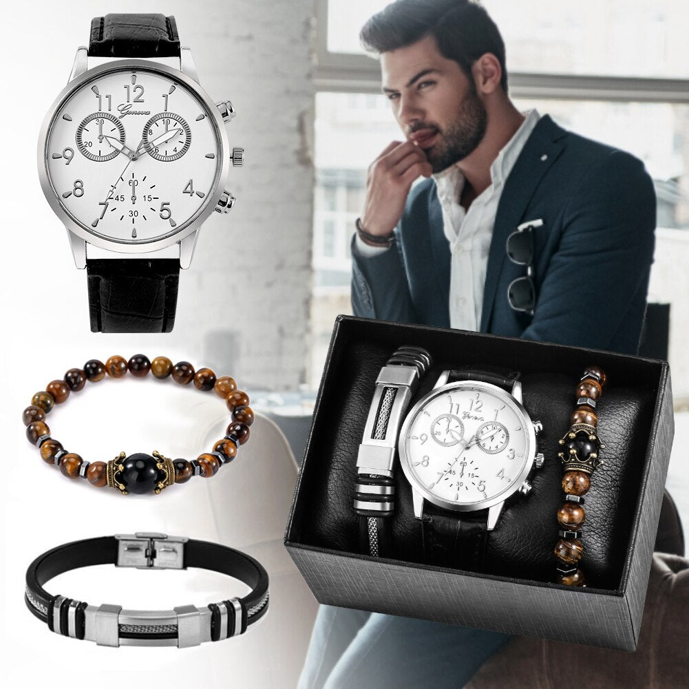 Reloj y Pulseras para hombre Men's Watch bracelets Set Fashion Gift Set Men's Quartz Leather Watch 2 Elastic Bracelets Exquisite Valentine's Day Gifts Box Kit for Boyfriend Nantlis