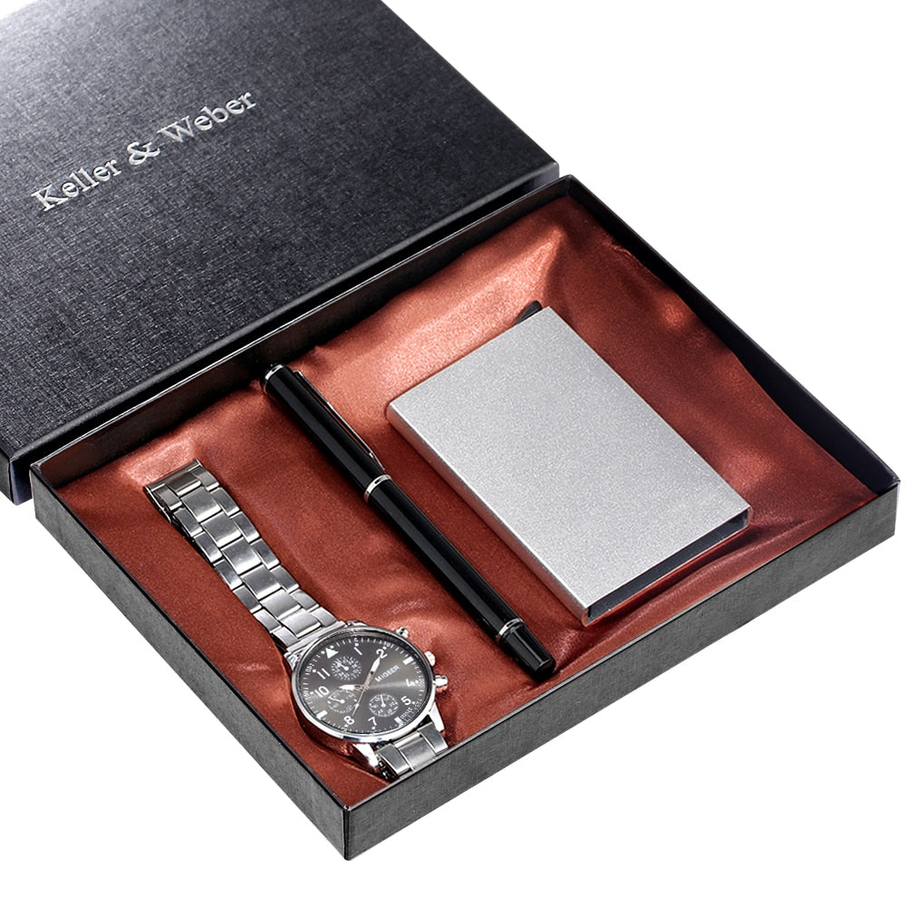 Reloj y Cartera para Hombre Men's Watch Wallet Set Pen Business Card Case Quartz Wristwatch Gift Set Birthday Gift for Dad Husband