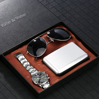 Watch Mens Gift Set Quartz Digital Stainless Steel Watch Credit Card Box Male Sunglasses Best Birthday Gift