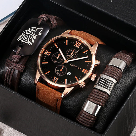 Reloj y Pulseras para hombre Men's Watch bracelets Set Gift Set Box Men's Leather Quartz Watch Roman Numeral Dial Man Cool Wolf Head Bracelets camel brown