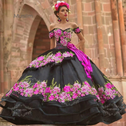 Quinceanera Dress Black Mexican Ball Gown Beaded Off The Shoulder Tiered Dress Corset Gothic Prom