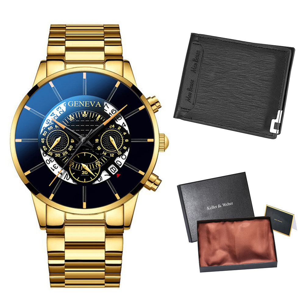 Reloj y Cartera para Hombre Men's Watch Wallet Set Men Wallet Watch Kit Stainless Steel Quartz Clock Simple Dial Man Leather Wallet Birthday Gifts Set for Husband golden with black