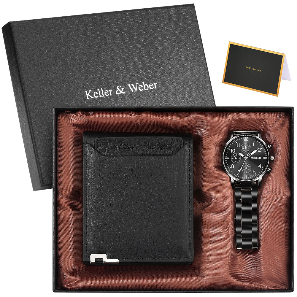 Reloj y Cartera para Hombre Men's Watch Wallet Set Men's Quartz Stainless Steel Wristwatch Black Purse Birthday Gift for Man montre homme black color