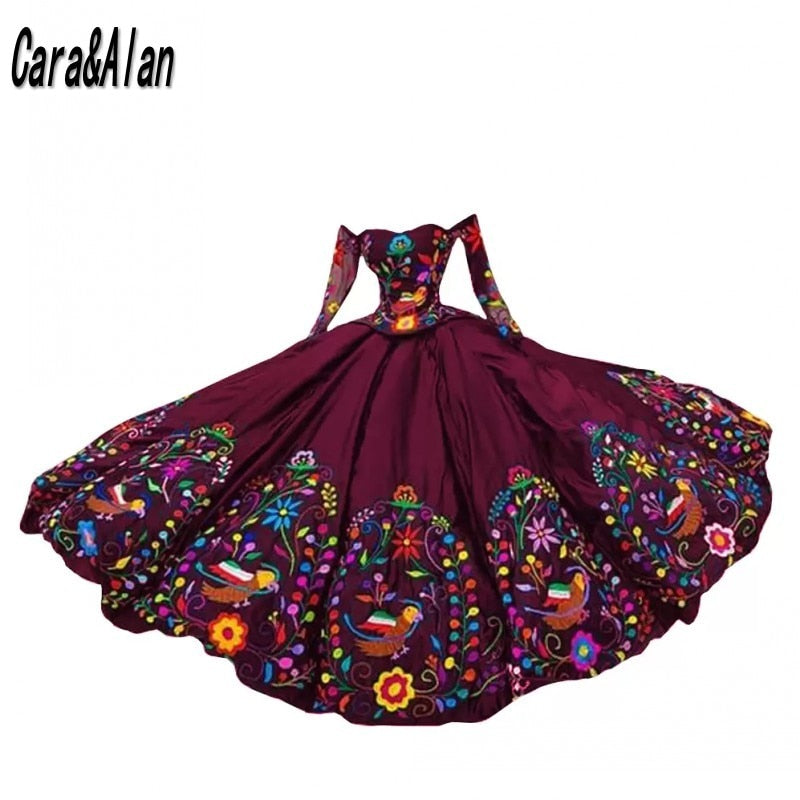 Vestido Mexican Style Charro Quinceanera Dresses Long Sleeves Off Shoulder Flowers Embroidered Satin Lace-up Prom Gowns Vestidos 15 Años burgundy