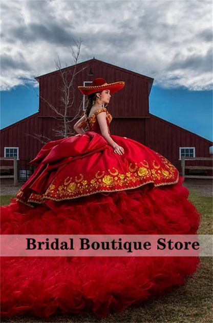 Vestido Charro de Quinceanera Red Ball Gown Dress Quinceanera Dress Bow Off Shoulder Sweet 16 Dress Embroidery Ruffle Vestidos De XV Años