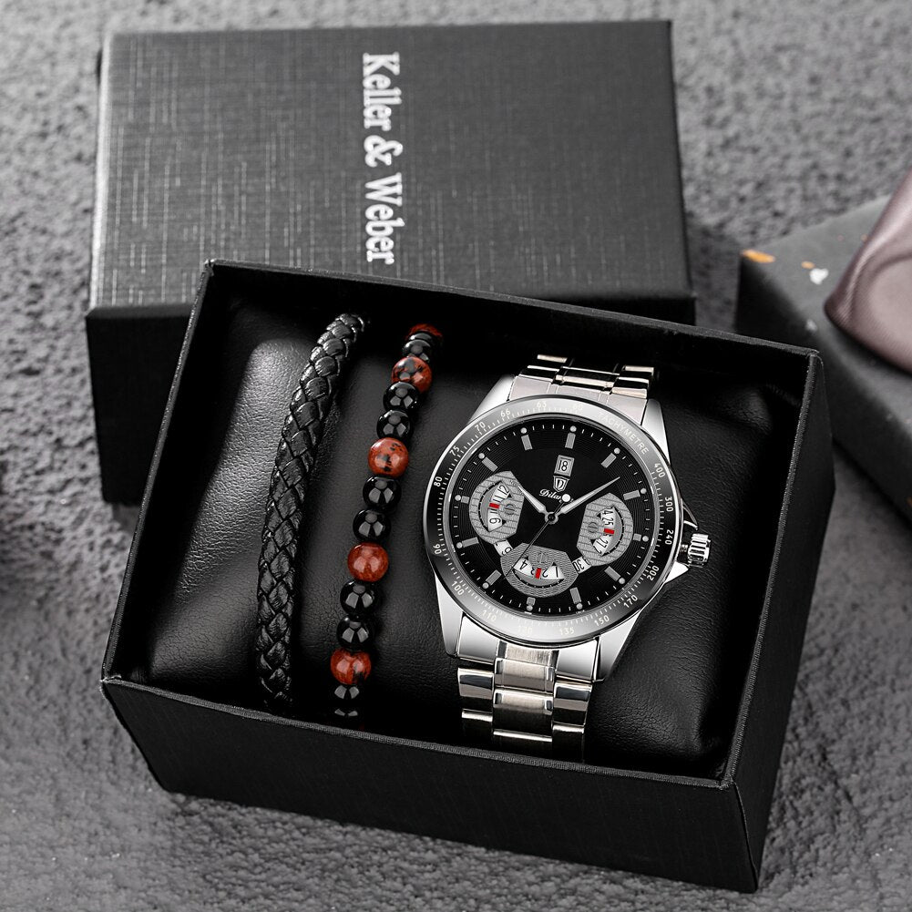 Reloj y Pulseras para hombre Men's Watch bracelets Set Men Watches Quartz Watch with Calendar Dial Full Steel Clock for Man Bracelet Gift Set cadeau pour homme silver black box view