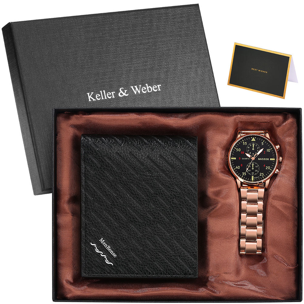 Reloj y Cartera para Hombre Men's Watch Wallet Set Men's Business Stainless Steel Watch Classic Black Leather Wallet Utility Gift Box Set Anniversary Gifts for Boyfriend rose gold black box view