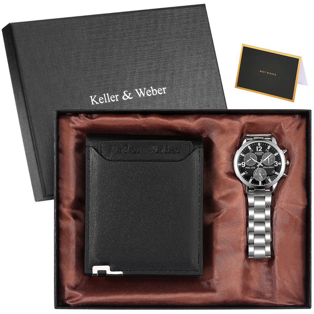 Reloj y Cartera para Hombre Men's Watch Wallet Set Men's Quartz Stainless Steel Wristwatch Black Purse Birthday Gift for Man montre homme with box