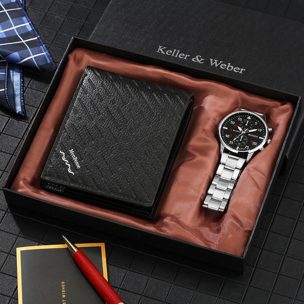 Reloj y Cartera para Hombre Men's Watch Wallet Set Men's Business Stainless Steel Watch Classic Black Leather Wallet Utility Gift Box Set Anniversary Gifts for Boyfriend silver black close view