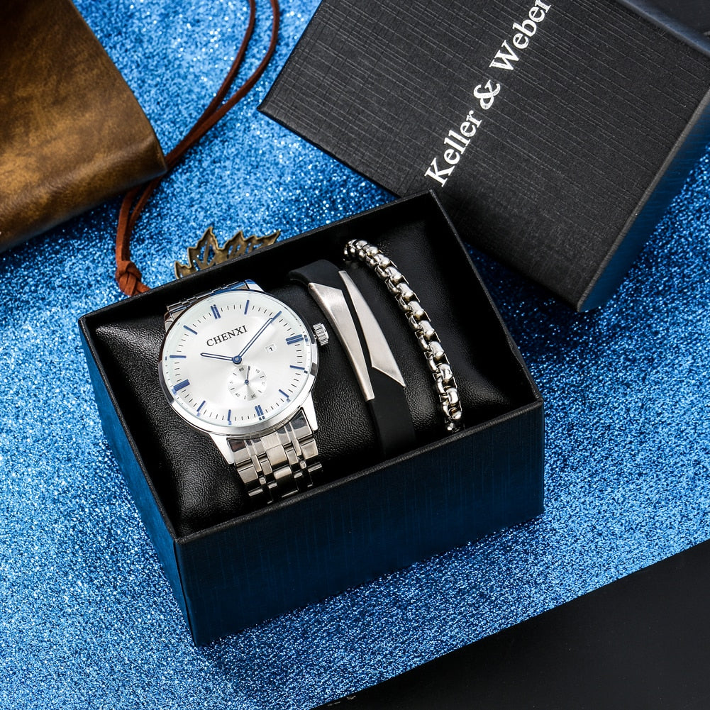 Reloj y Pulseras para hombre Men's Watch bracelets Set Full Steel Watch with Bracelets Best Birthday Gift to Man