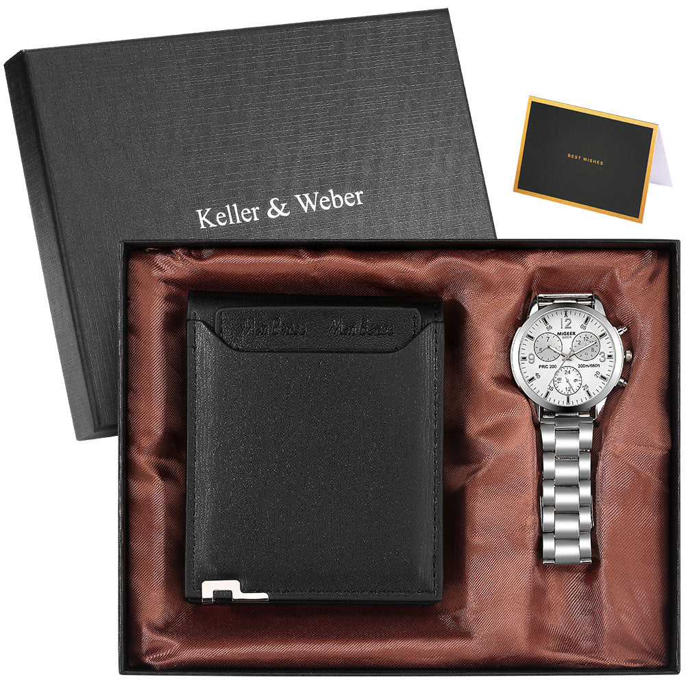 Reloj y Cartera para Hombre Men's Watch Wallet Set Men's Quartz Stainless Steel Wristwatch Black Purse Birthday Gift for Man montre homme silver color
