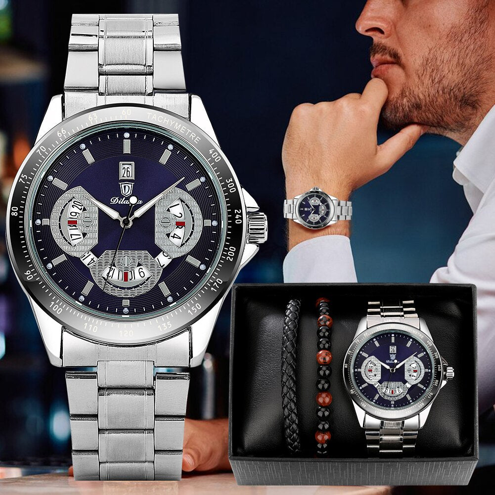 Reloj y Pulseras para hombre Men's Watch bracelets Set Men Watches Quartz Watch with Calendar Dial Full Steel Clock for Man Bracelet Gift Set cadeau pour hommeslver blue black