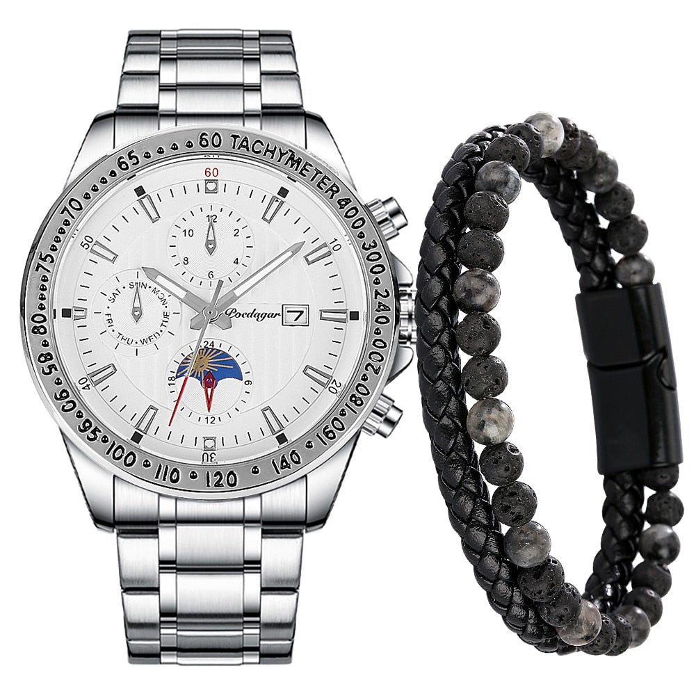 Reloj y Pulseras para hombre Men's Watch bracelets Set Gift Set for Men Waterproof Date Quartz Watch to Boyfriend Bracelet Watches Creative Gift Box silver black