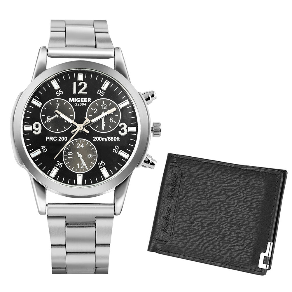 Reloj y Cartera para Hombre Men's Watch Wallet Set Stainless Steel Quartz Watches for Man Classic Wallets