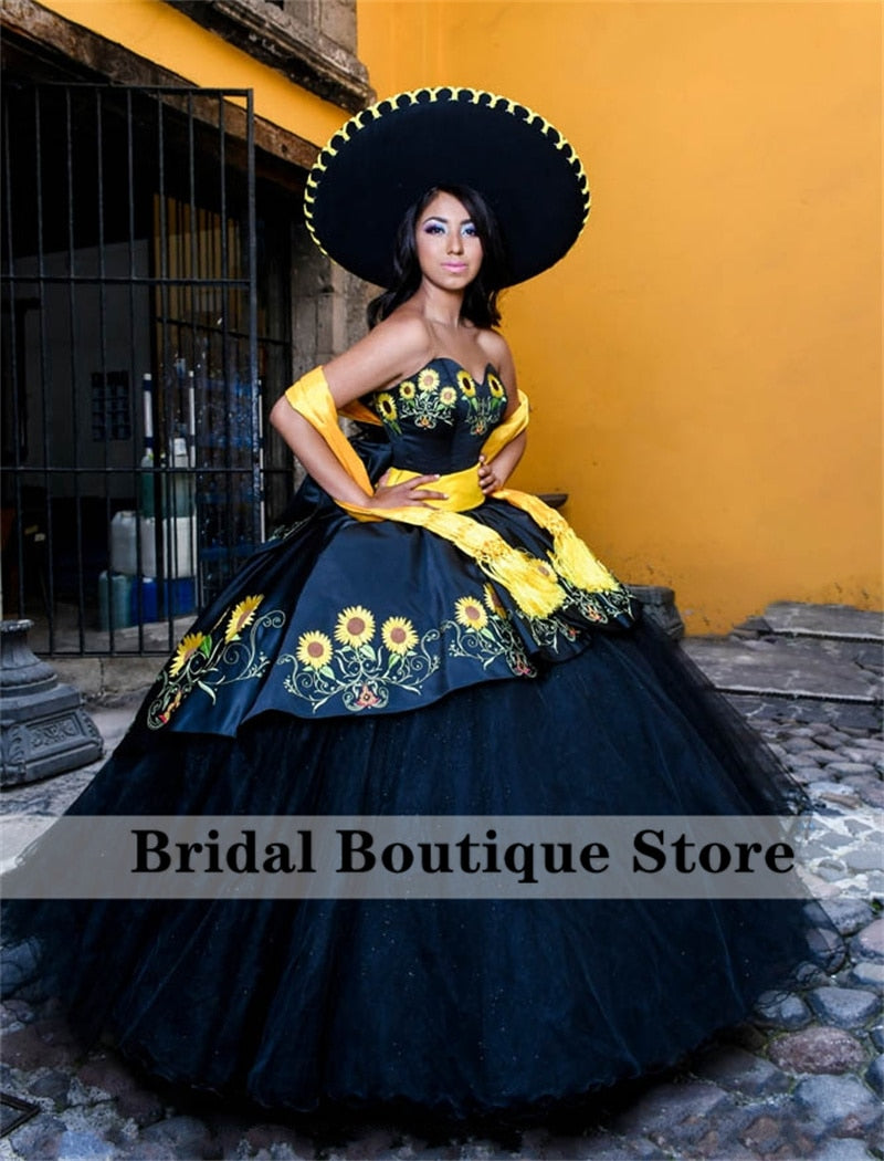 Quinceanera Dress Mexican Embroidery Black Ball Gown With Bow Sweet 16 Dress Vestido De 15 Anos Lace-Up