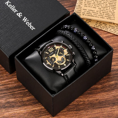 Reloj y Pulseras para hombre Men's Watch bracelets Set Quartz Leather Calendar Wristwatch Bracelet Gift set presente para homens